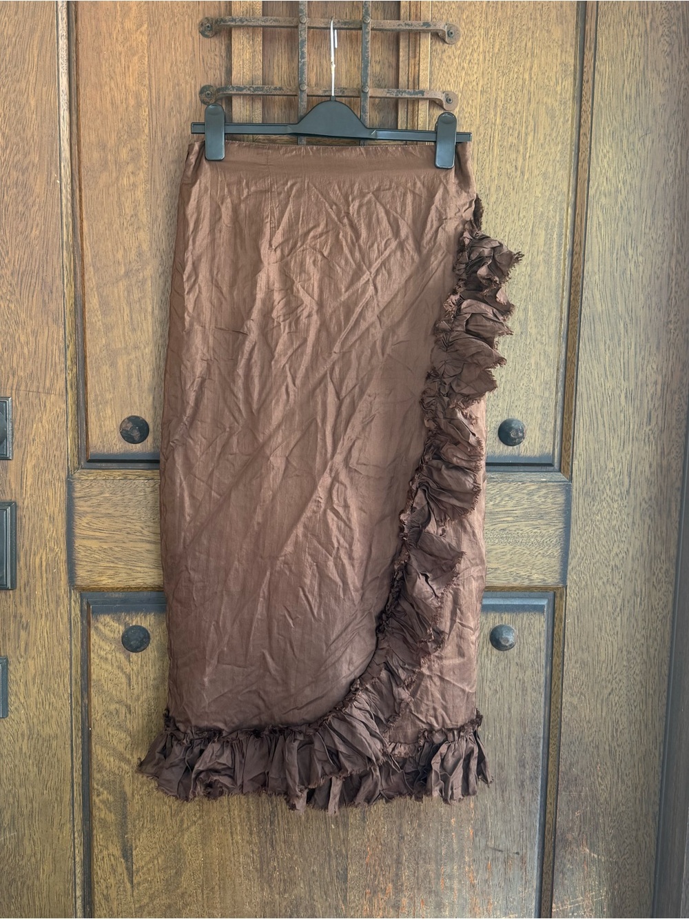 100% Silk Women’s MIDI Brown Ruffle-Trim Midi Skirt Size S